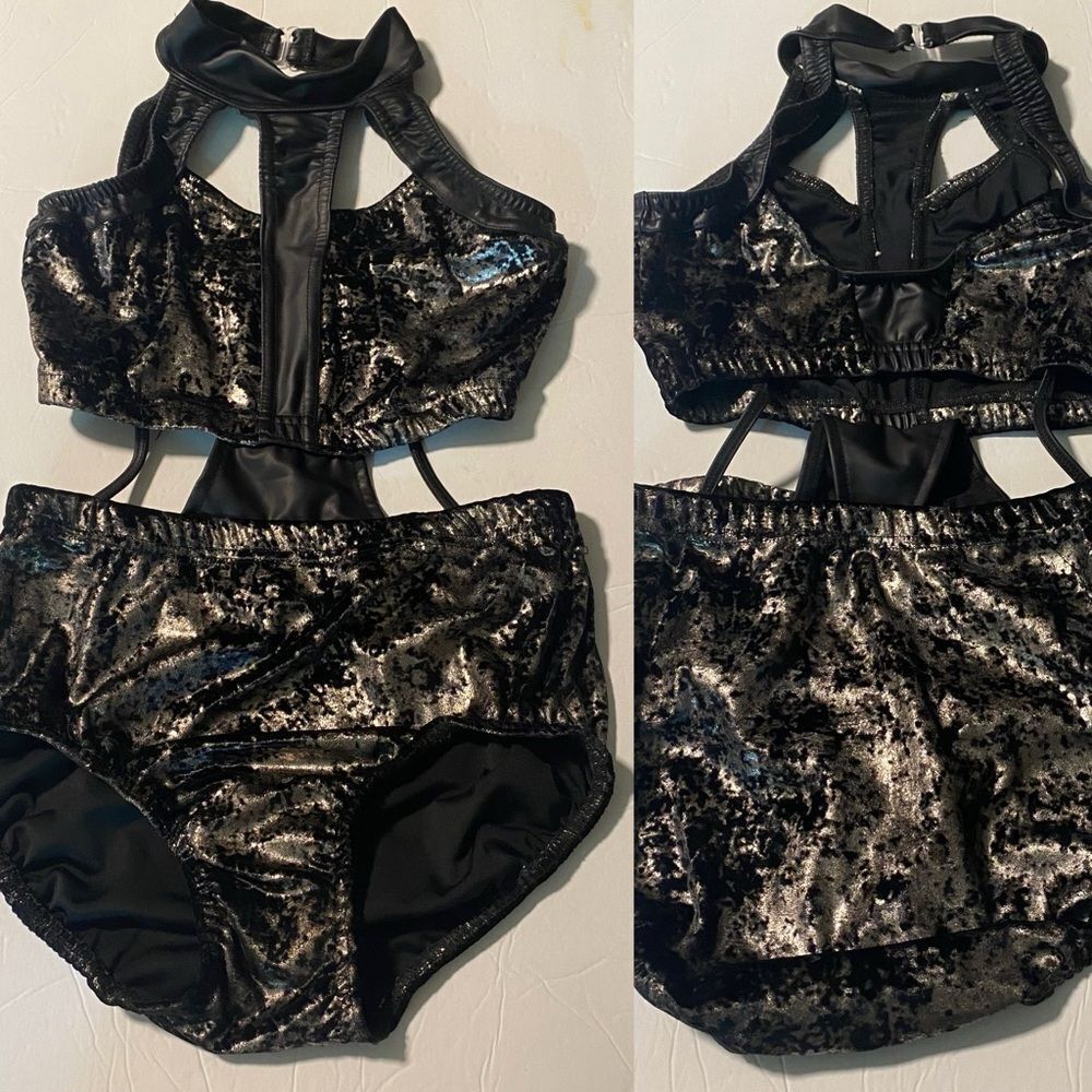 Reverence solo Custom mature faux leather black velvet dance costume leotard SA